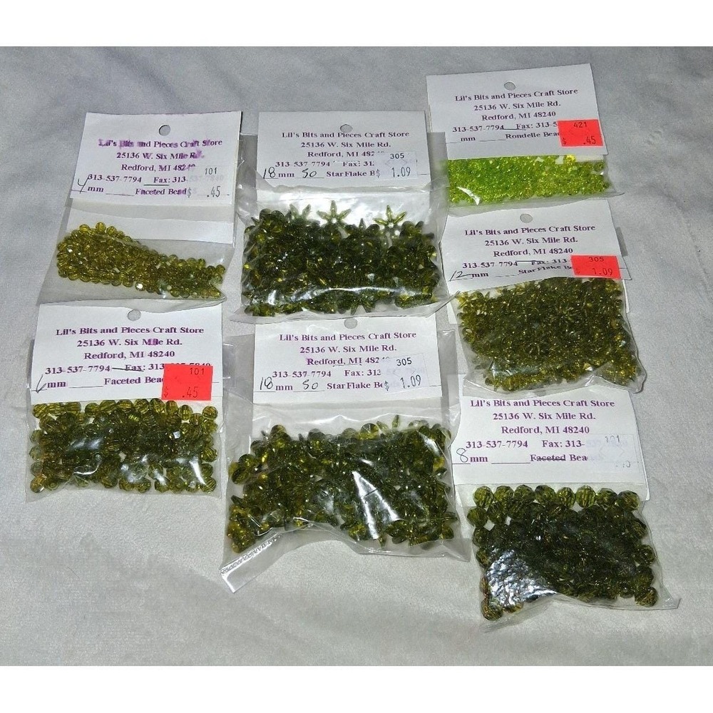 Vintage Olive Green Acrylic Craft Bead Lot 8 Packs 4mm-18mm Faceted & Starflake